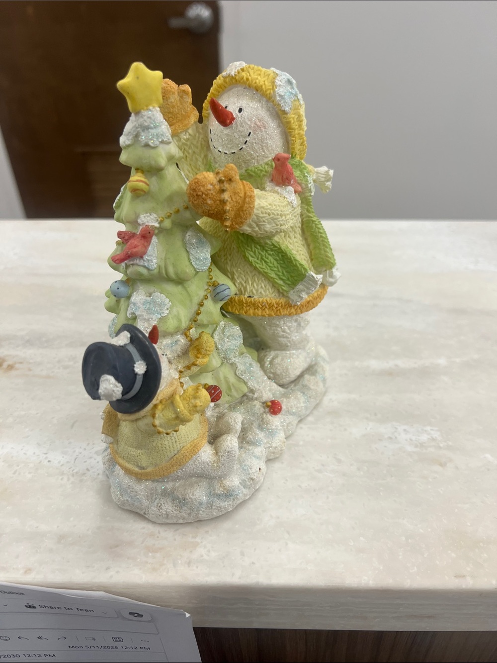 Russ White and Green Snowman with Tree Holiday Pillow Figurine